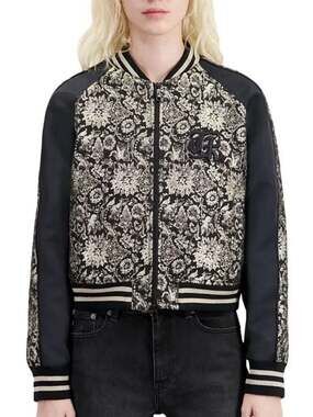 The Kooples Embroidered Black and Cream Floral Jacquard Bomber Jacket